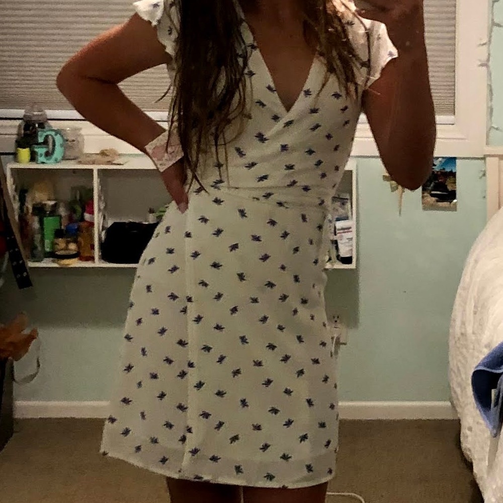 white wrap dress with blue design!
